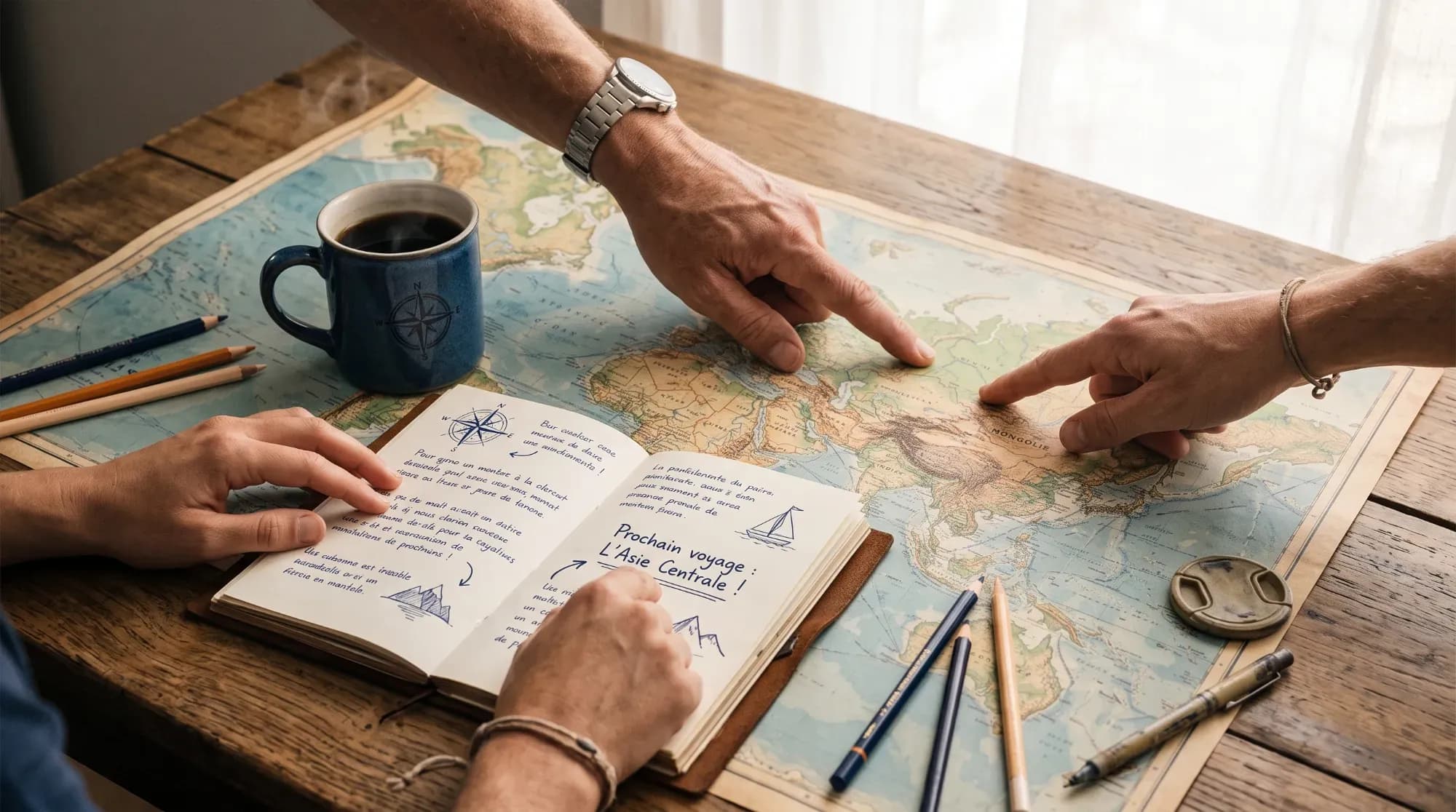 Carte du monde et carnet de voyage annotés, illustrant la conception d'un circuit personnalisé