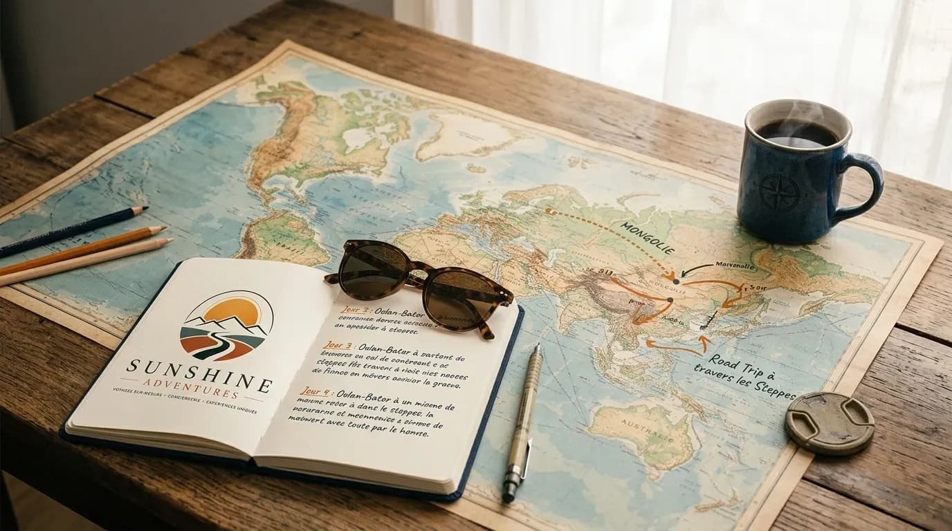 Carte du monde et carnet de voyage avec itinéraire tracé, illustrant la construction d'un circuit personnalisé