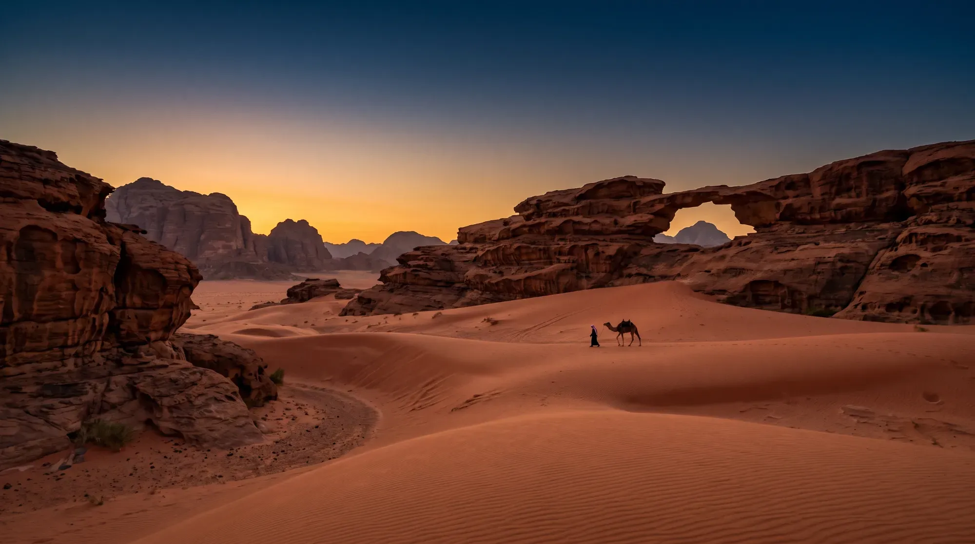 Paysage désertique du Wadi Rum au coucher du soleil, illustrant une randonnée avec les Bédouins