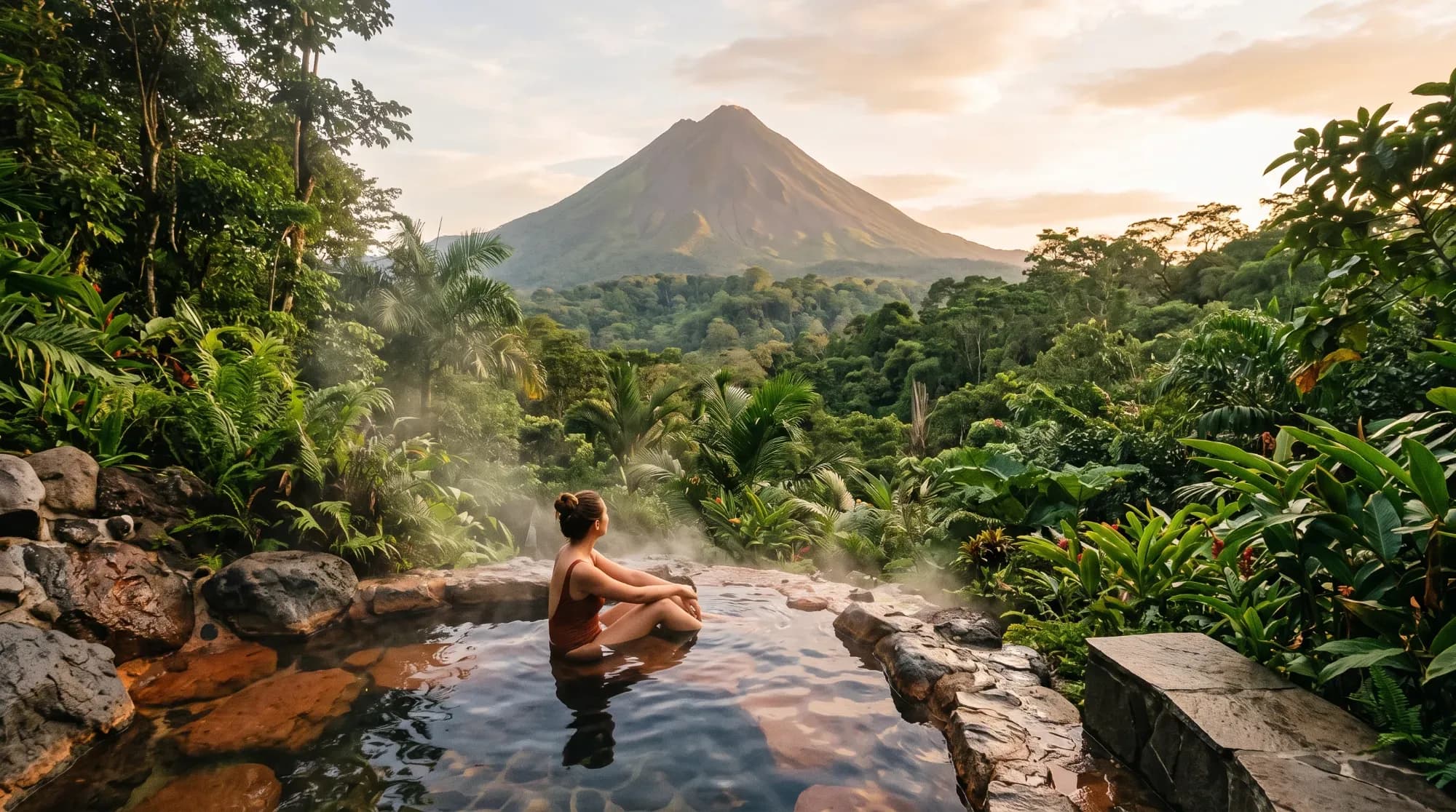 Volcan Arenal vu depuis une source thermale naturelle, illustrant un voyage sur mesure au Costa Rica