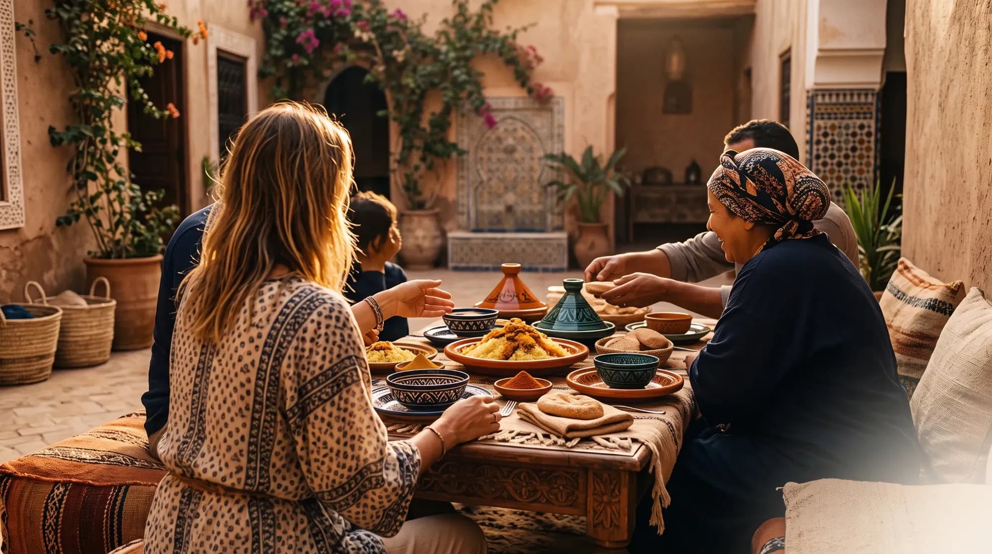 Repas partagé entre voyageur et famille locale, illustrant un séjour immersif chez l'habitant