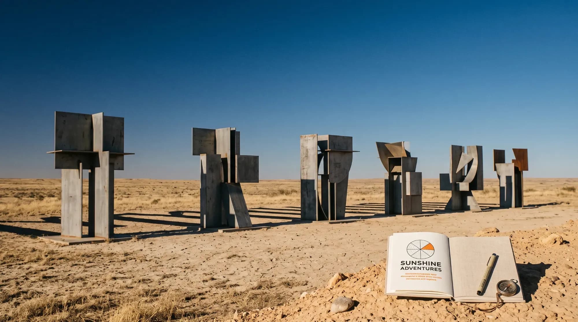 Sculptures minimalistes en plein désert texan à Marfa, illustrant l'oasis artistique inattendue du désert