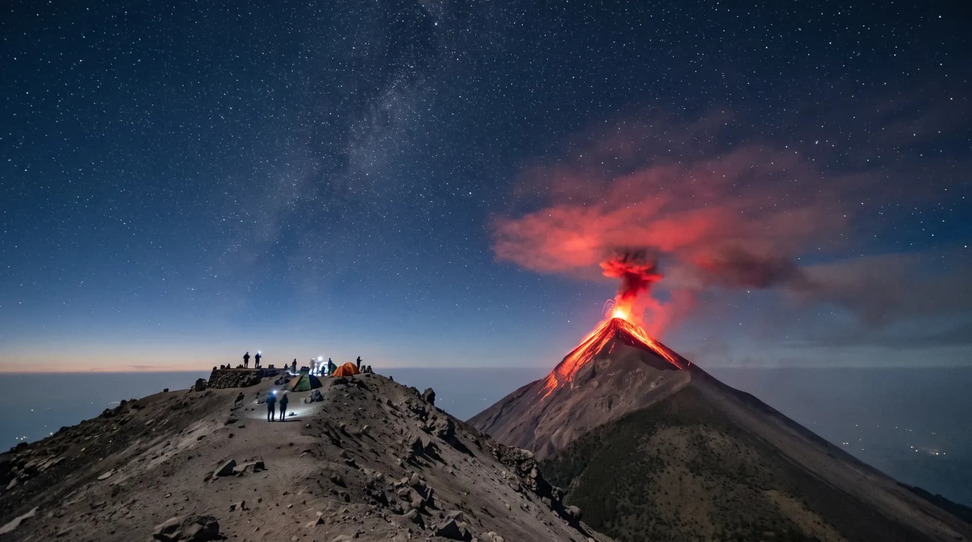 Vue nocturne du volcan Fuego en éruption depuis le sommet de l'Acatenango, illustrant une ascension spectaculaire au Guatemala