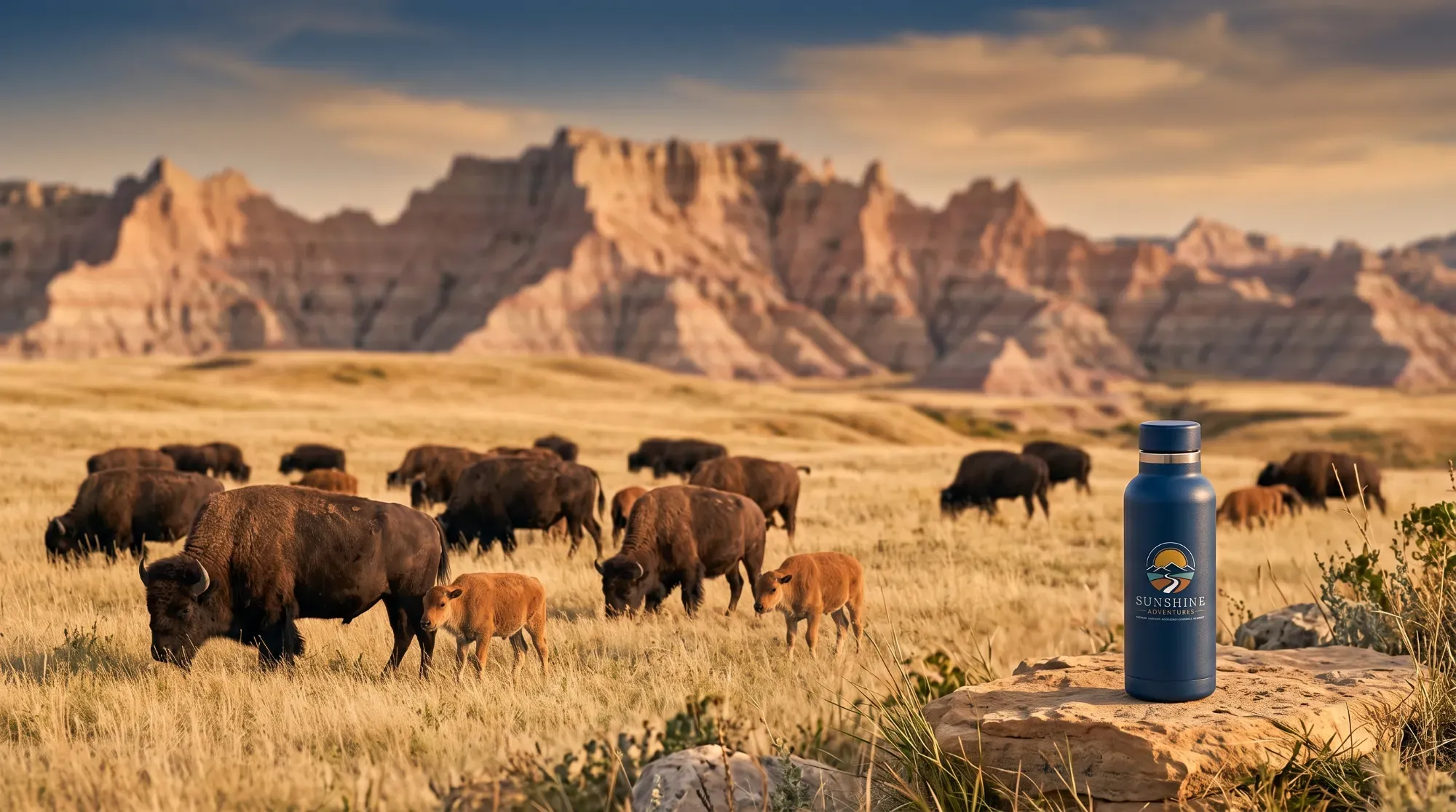 Troupeau de bisons sauvages devant les formations rocheuses des Badlands, illustrant la faune préservée du Dakota du Sud