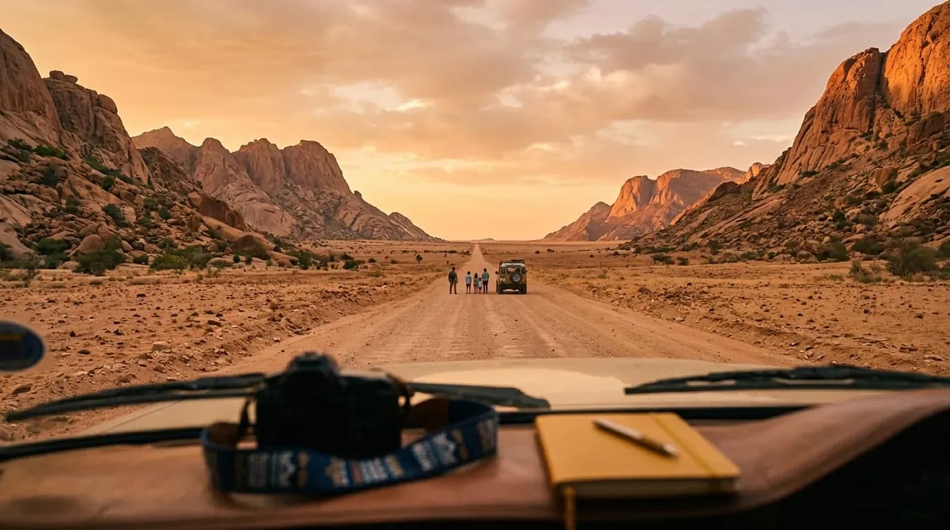 Route désertique vue depuis l'intérieur d'un véhicule, illustrant la liberté d'un road trip en circuit personnalisé