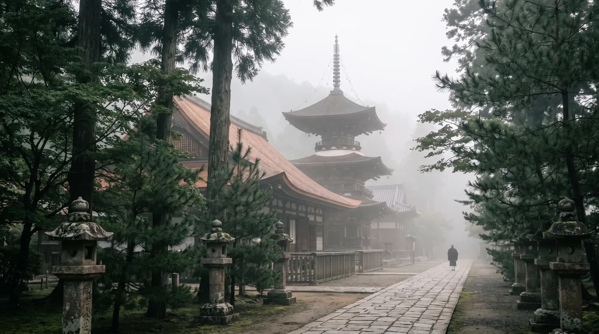 Temple bouddhiste japonais dans la brume matinale avec lanternes de pierre, illustrant une nuit spirituelle à Koyasan