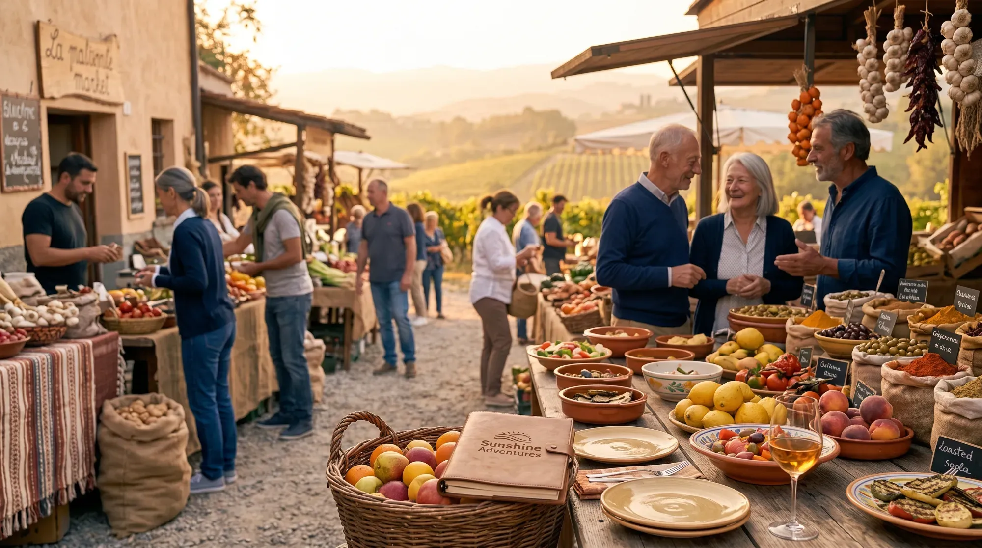 Marché local coloré avec étals de produits frais, illustrant l'immersion culinaire d'un voyage gastronomique.