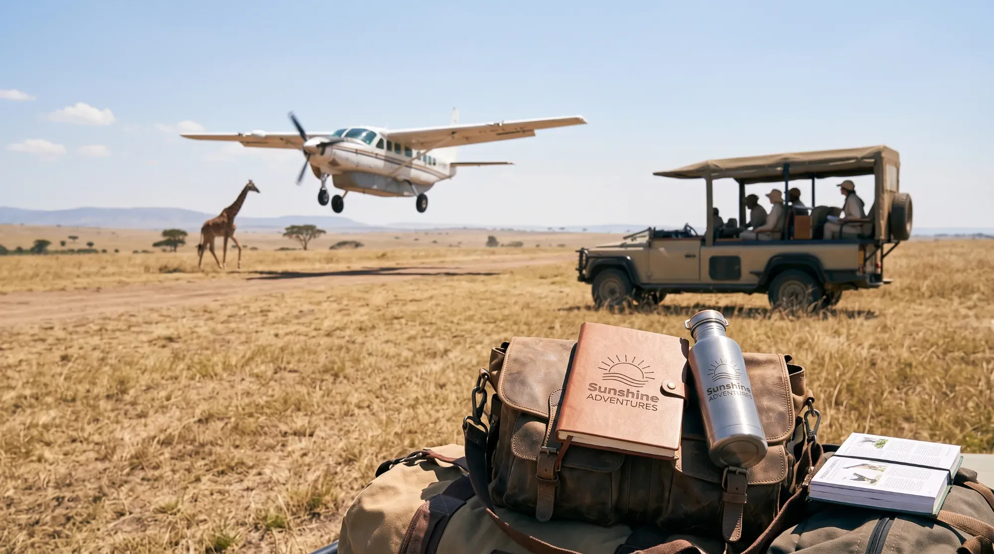 Petit avion atterrissant sur une piste isolée en Afrique, illustrant la logistique d'un safari de luxe.