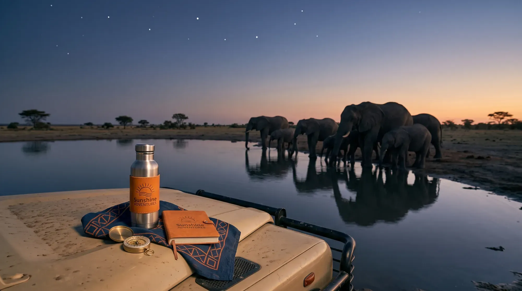 Éléphants à un point d'eau au crépuscule en Namibie, illustrant la saison sèche.