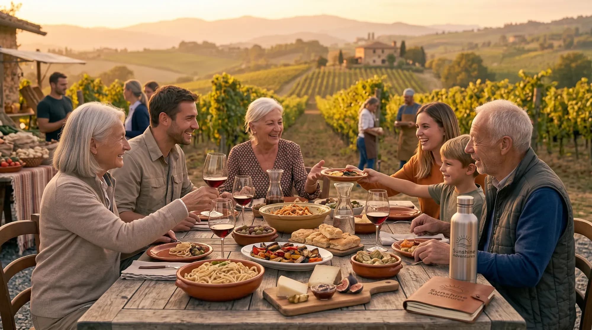 Voyageurs partageant un repas avec une famille locale, illustrant l'authenticité d'un voyage gastronomique sur mesure