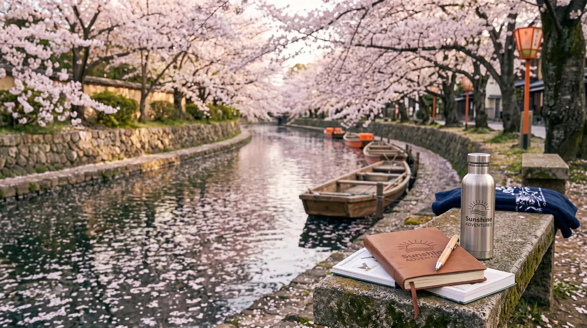 Cerisiers en fleurs le long d'un canal à Kyoto, illustrant le printemps au Japon
