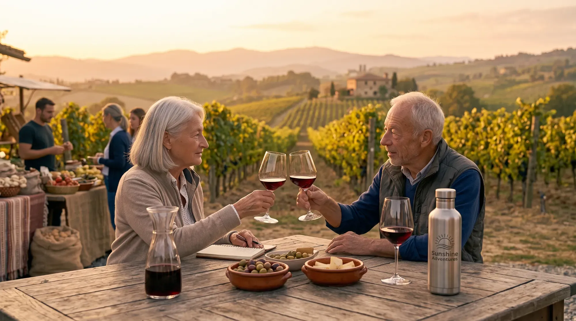 Dégustation de vin dans un vignoble au coucher du soleil, illustrant une découverte œnologique en voyage.