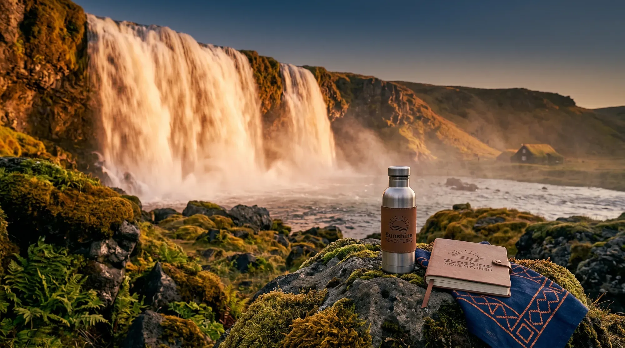 Cascade islandaise sous le soleil de minuit, illustrant l'été en Islande