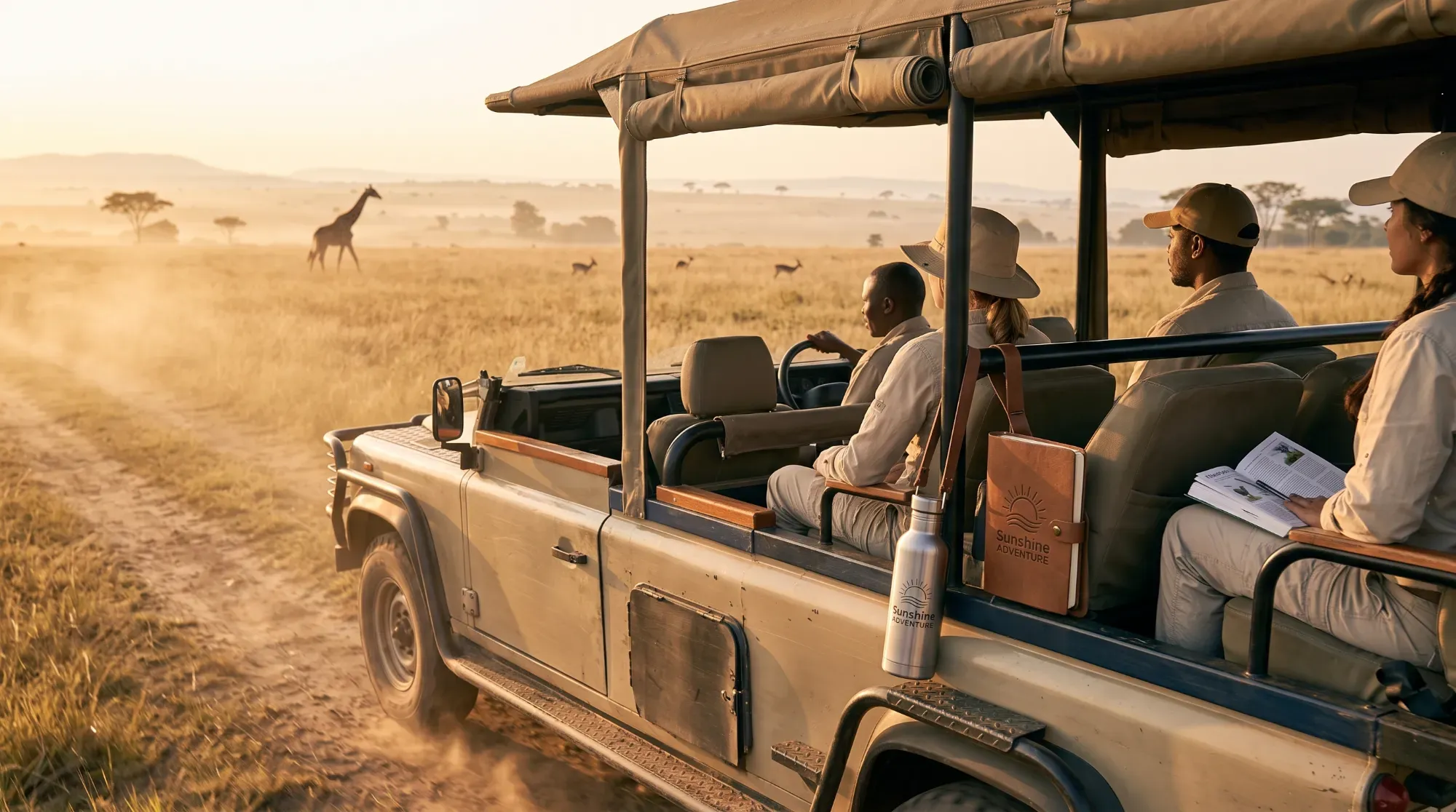 Véhicule de safari roulant dans la savane au lever du soleil, illustrant le départ d'une excursion guidée.