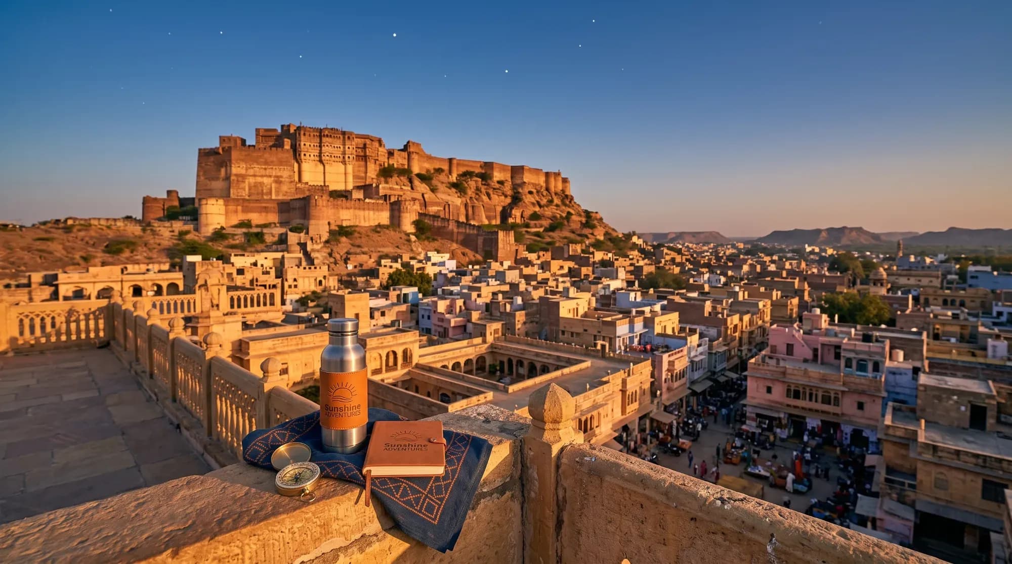 Fort dominant la vieille ville au Rajasthan, illustrant l'automne en Inde