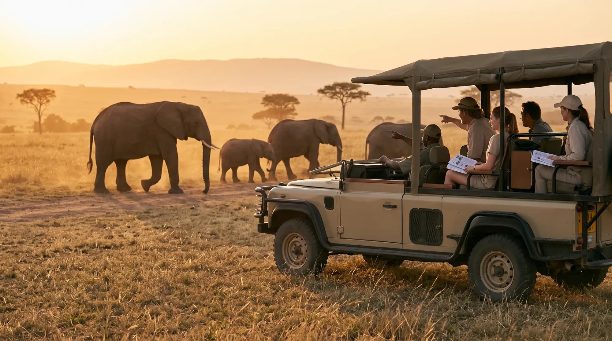 Voyageurs observant des éléphants depuis un véhicule de safari, illustrant l'émerveillement d'un safari de luxe réussi.