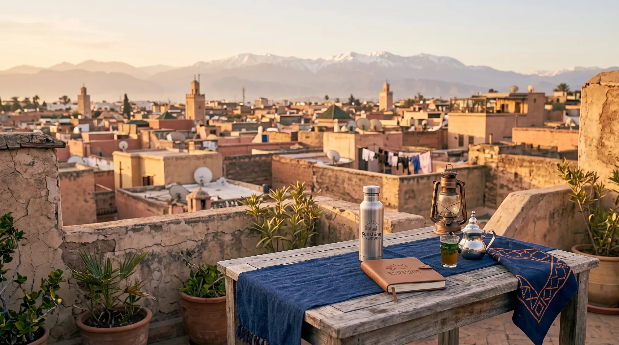 Toits d'une médina marocaine avec l'Atlas en arrière-plan, illustrant le printemps au Maroc.