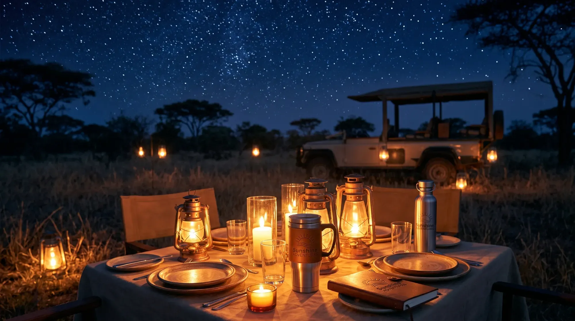 Dîner privé sous les étoiles en pleine brousse, illustrant une expérience exclusive de safari de luxe.