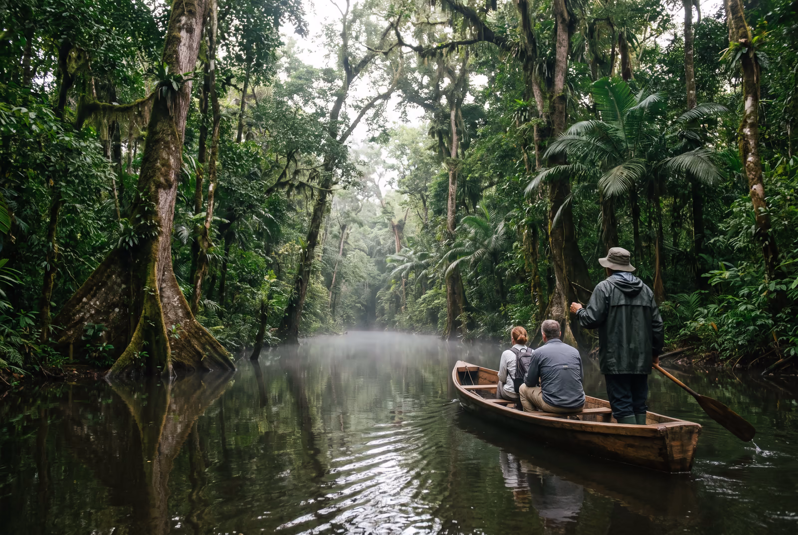 Boot auf einem Kanal in Tortuguero am frühen Morgen, ein stehender Guide und zwei Reisende von hinten im Regenwald