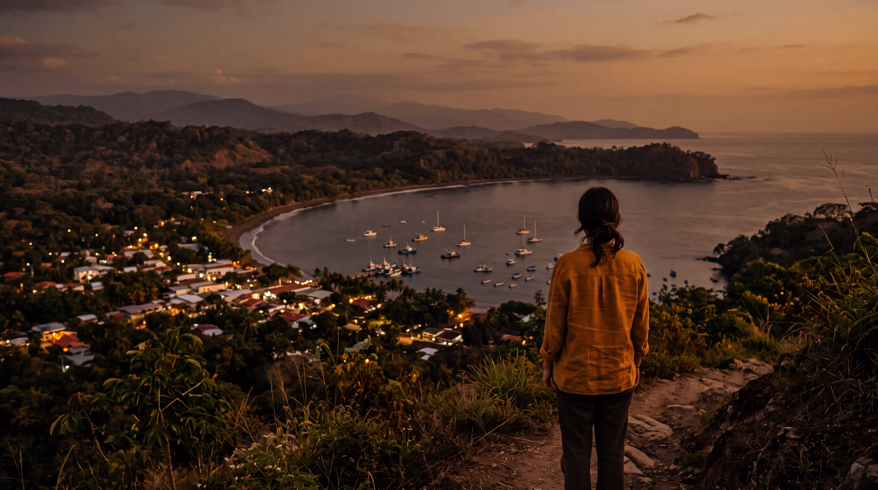 Vue depuis une colline sur une petite ville côtière du Costa Rica au crépuscule, une personne de dos