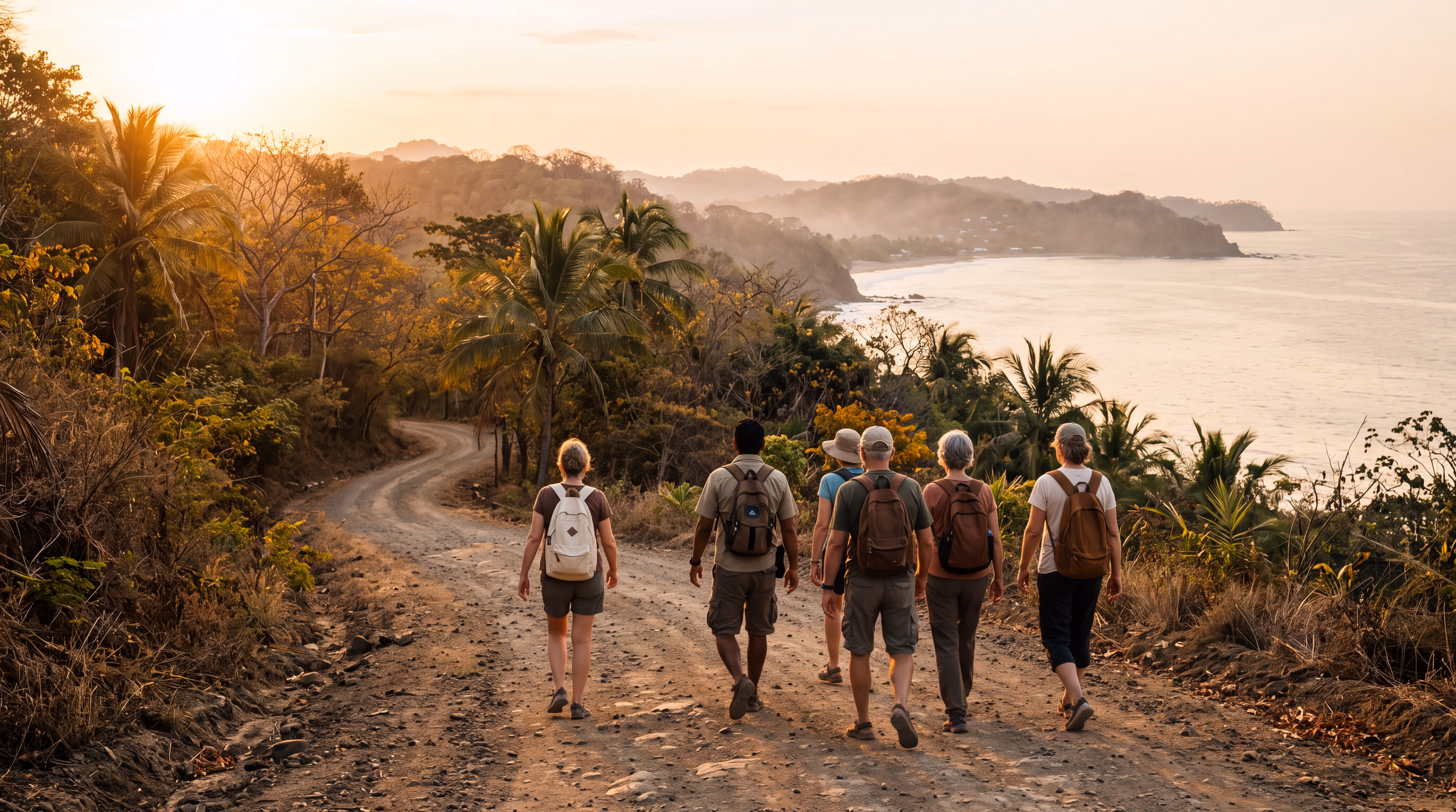 Petit groupe de voyageurs de dos, marchant avec un guide sur une piste côtière du Costa Rica au soleil couchant
