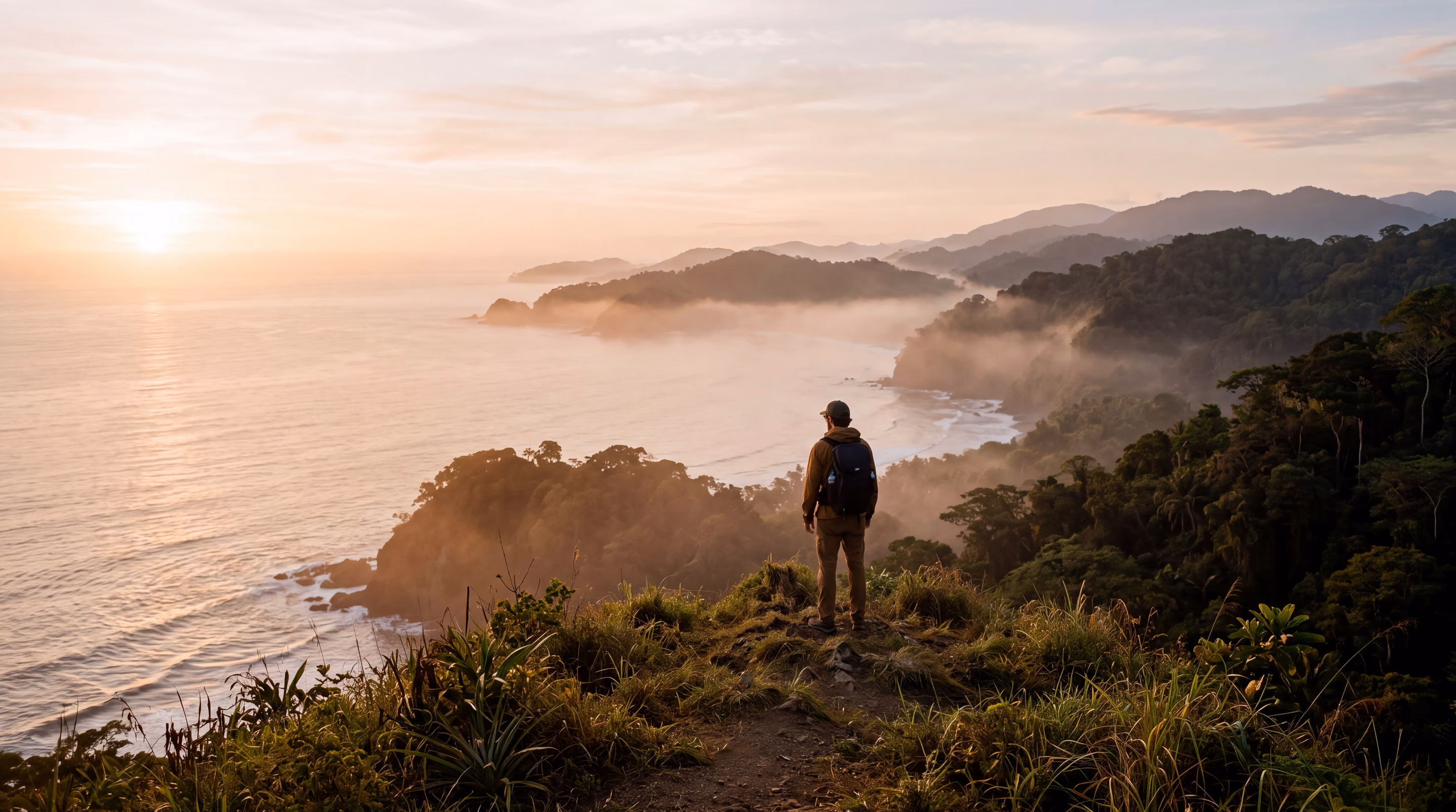 Voyageur de dos sur un promontoire herbeux au-dessus d’une baie embrumée du Costa Rica, au lever du soleil