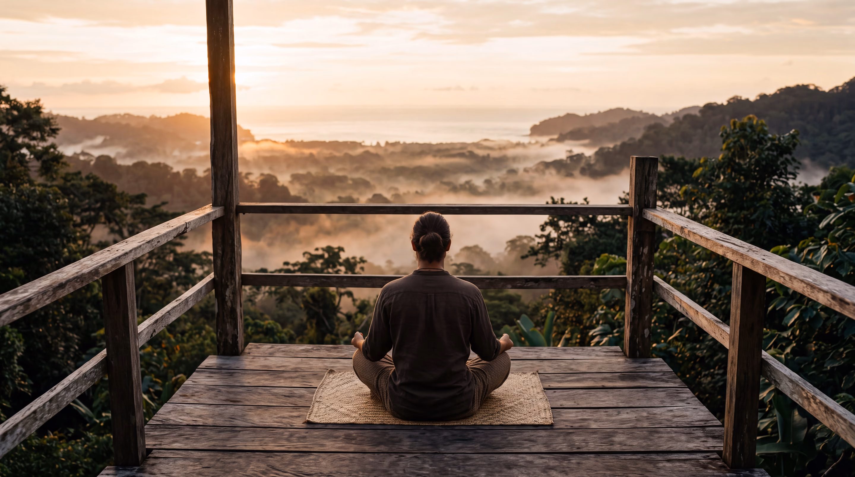 Lever de soleil sur une vallée de jungle au Costa Rica, une personne assise de dos sur une plateforme de bois