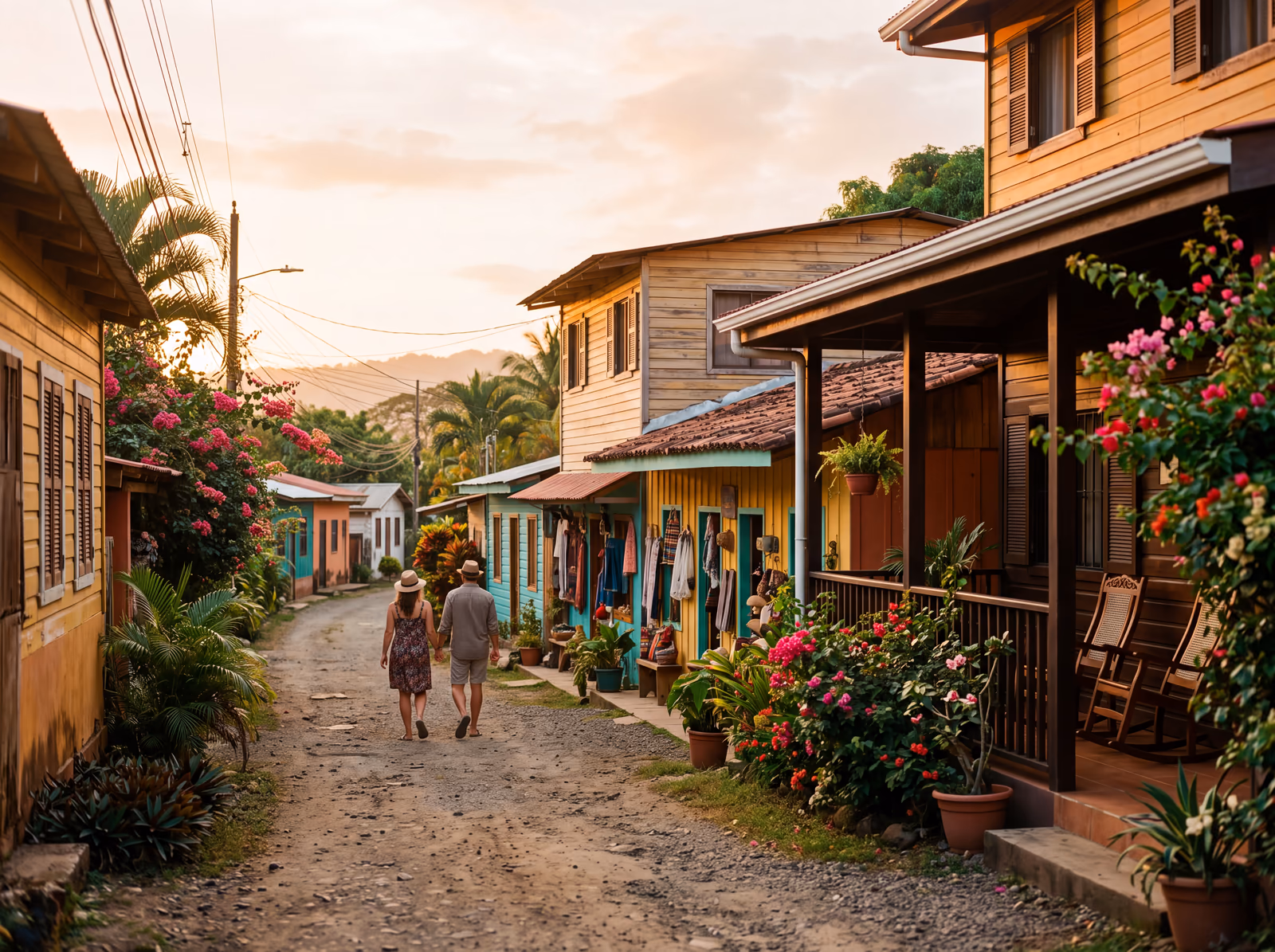 Rue de petits commerces et d’un hôtel de charme dans une ville côtière du Costa Rica, à la lumière du soir