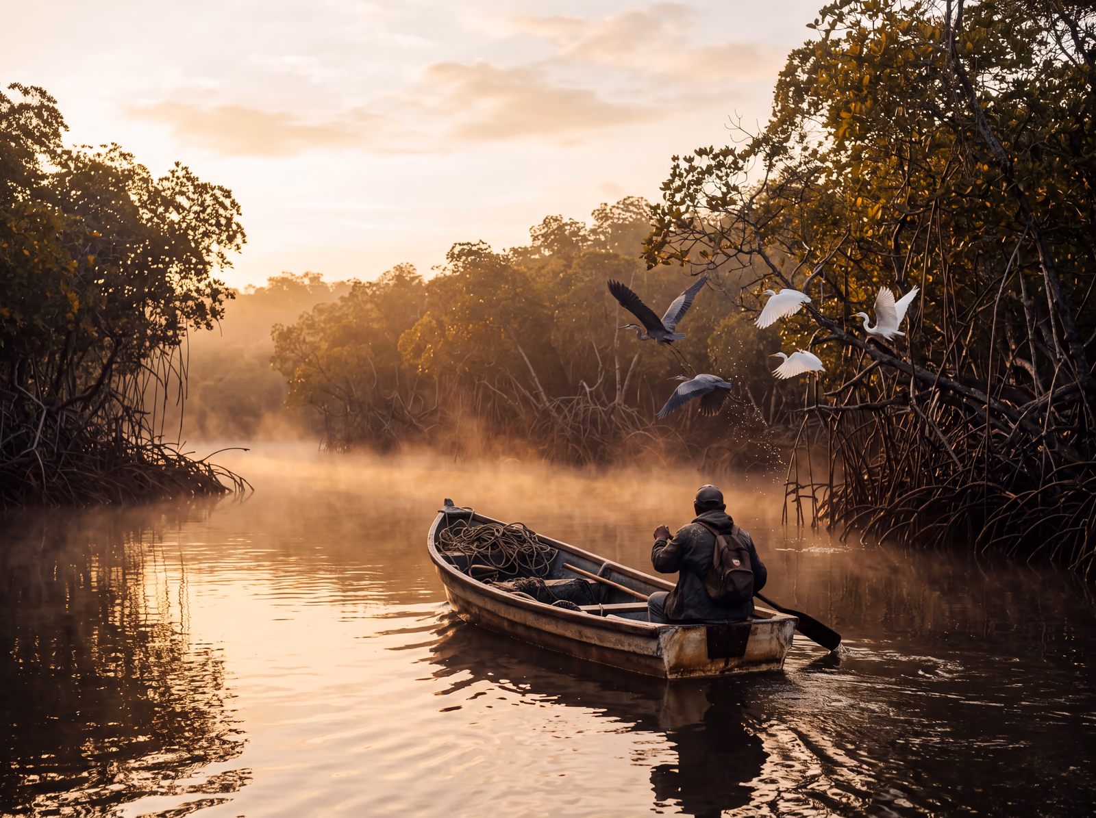 Mangrove et estuaire du Guanacaste au lever du soleil, une barque avec une silhouette de dos