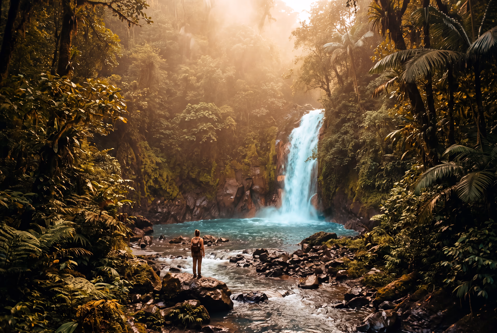 Cascade turquoise dans la forêt tropicale du Costa Rica, dans une lumière dorée
