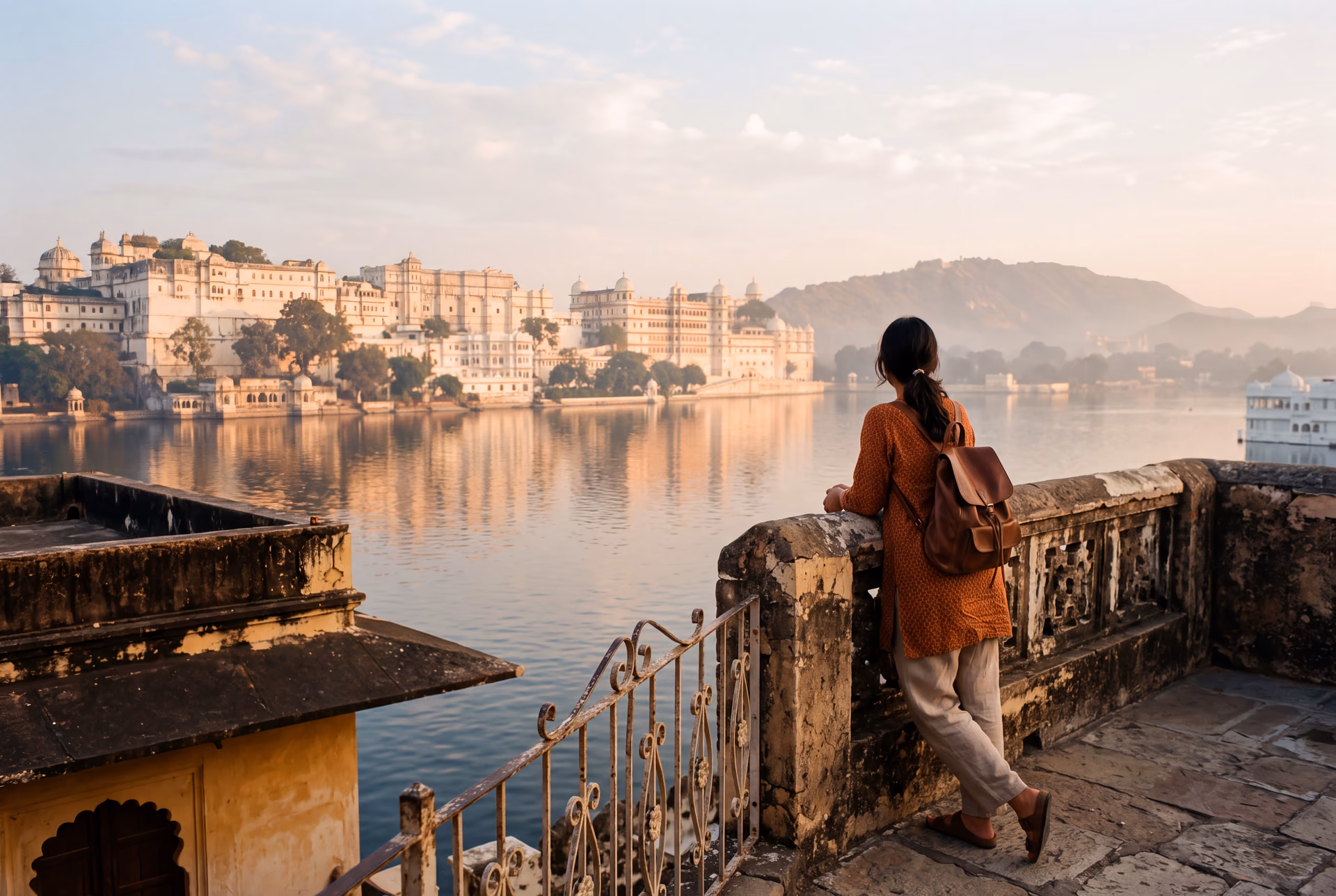 Palais au bord du lac d’Udaipur vu d’une terrasse à l’aube, un voyageur de dos