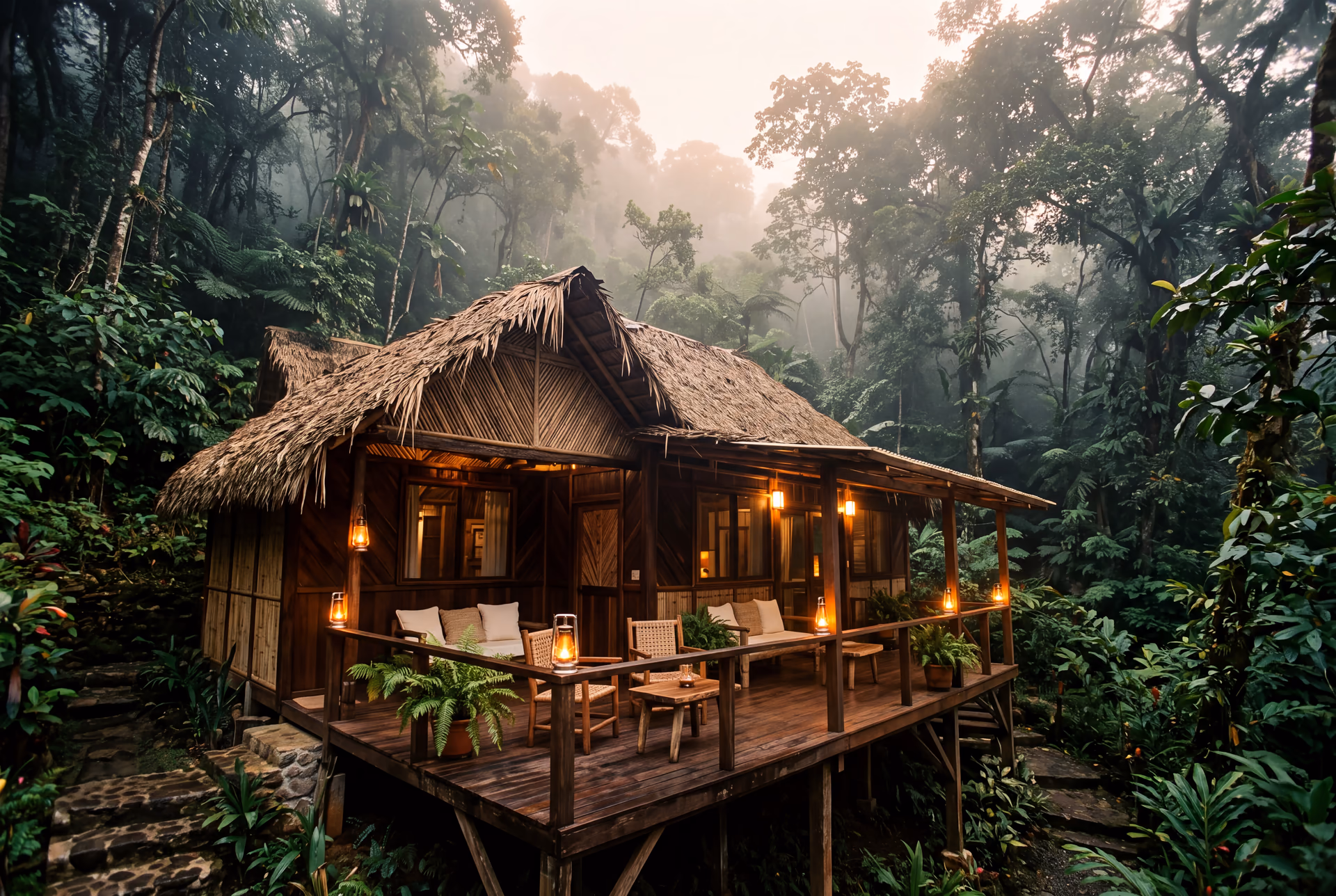 Petit éco-lodge de bois et de chaume dans la forêt tropicale du Costa Rica à l’aube, brume entre les arbres