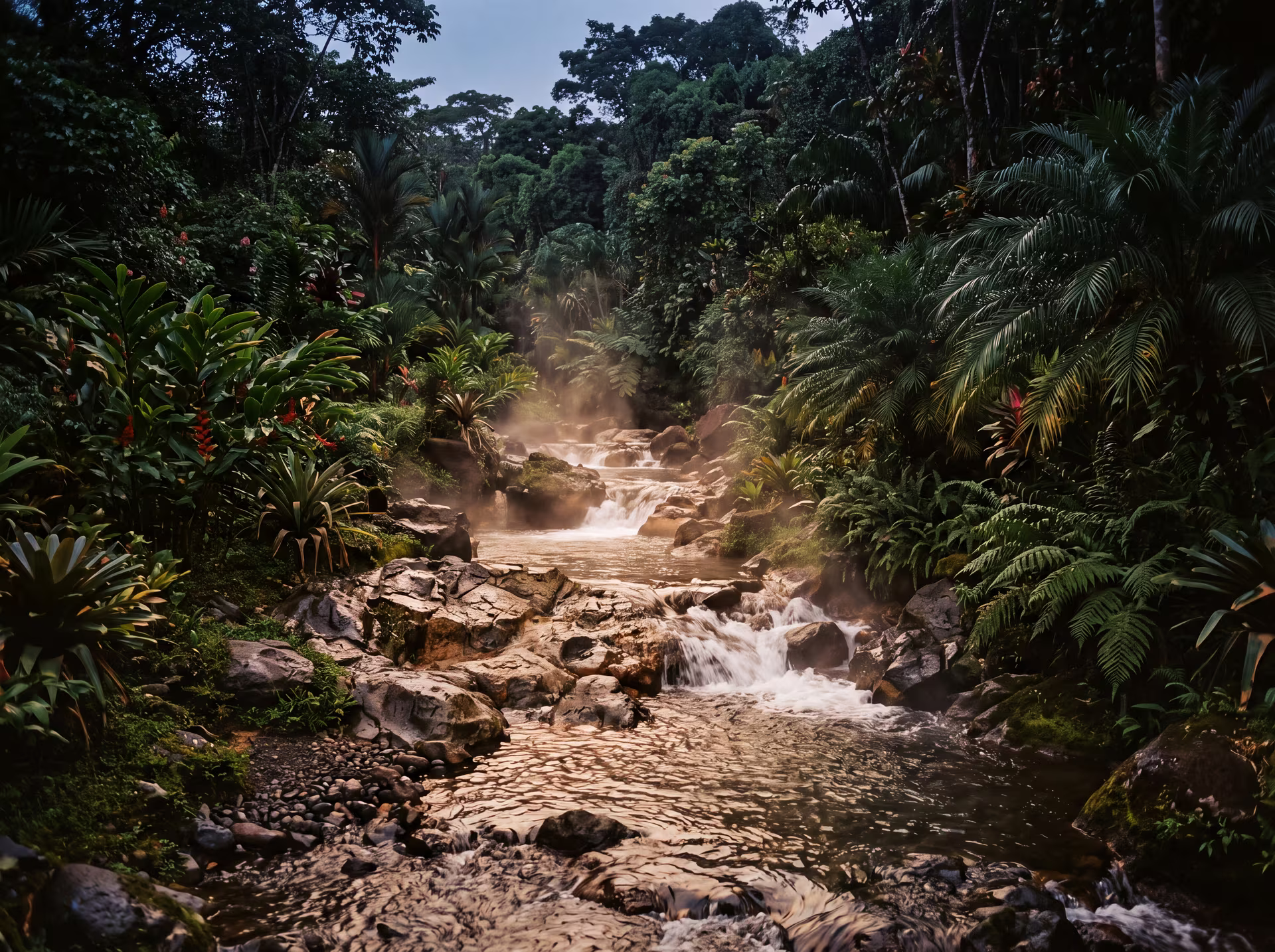 Volcan Arenal au-dessus de la forêt tropicale, ciel de fin de journée au Costa Rica