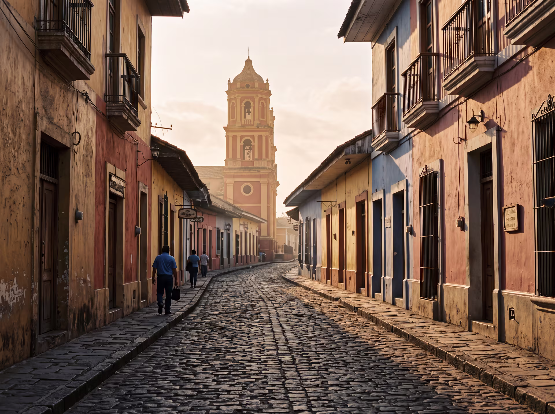 Rue coloniale colorée de Granada au Nicaragua, clocher d'église dans la lumière du soir