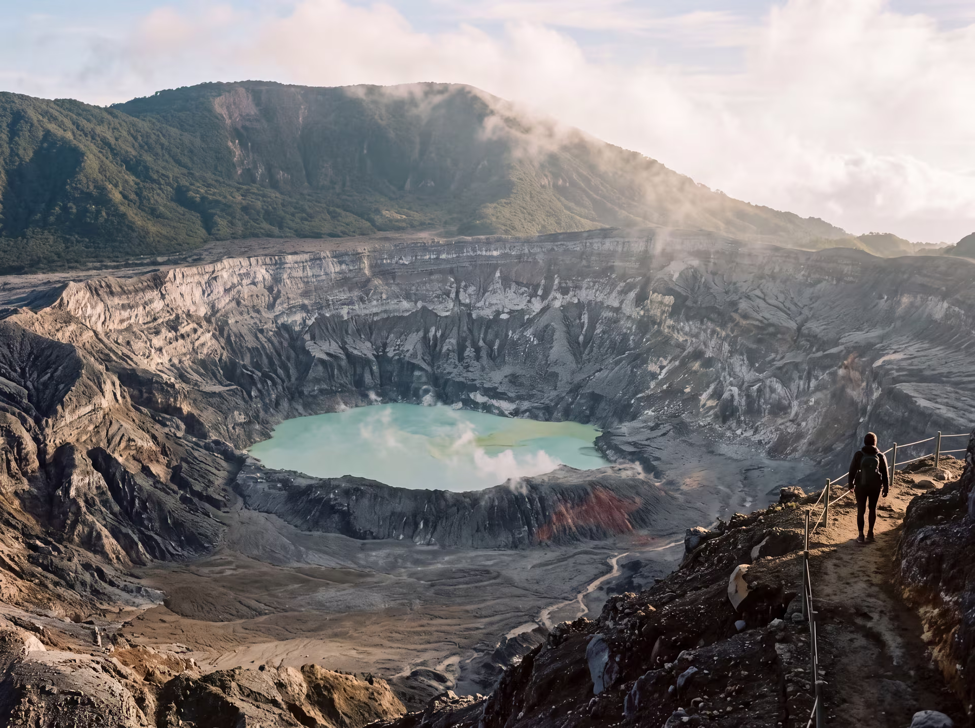 Cratère du volcan Poás et son lac acide bleu, entouré de brume, au Costa Rica