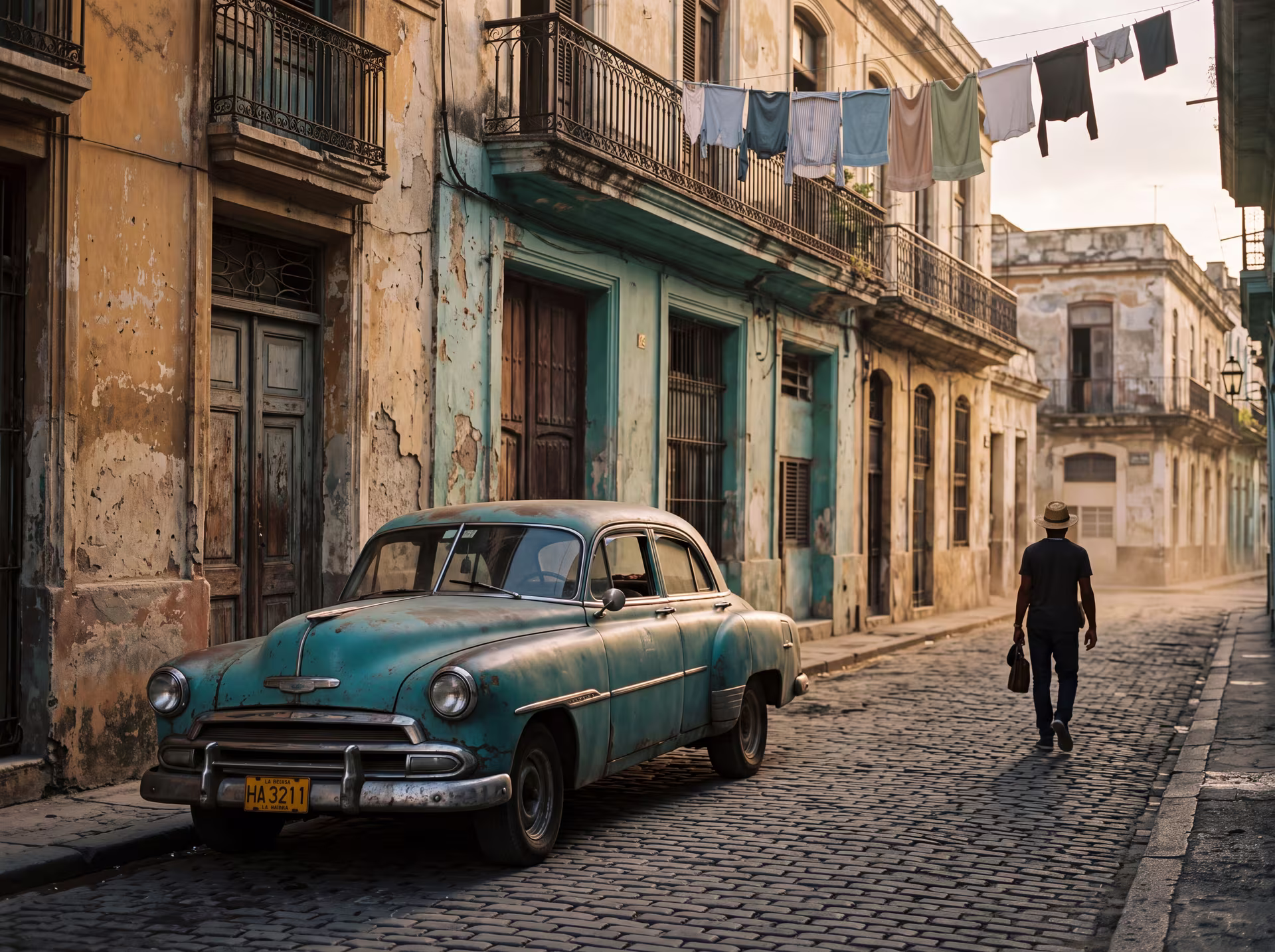 Vintage American car on a cobblestone street in Havana lined with colorful facades