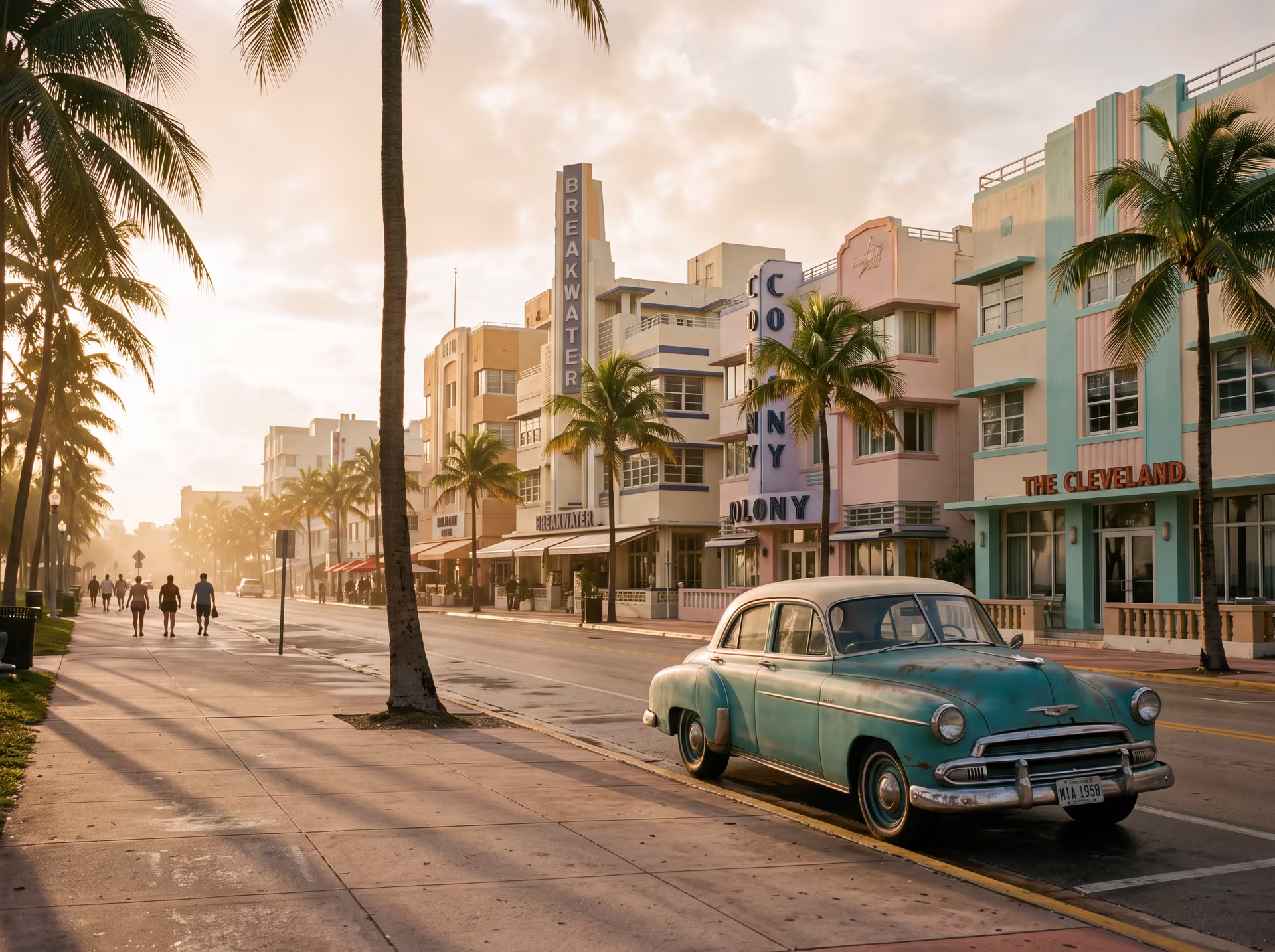 Pastel Art Deco facades on Ocean Drive in Miami Beach in the evening light