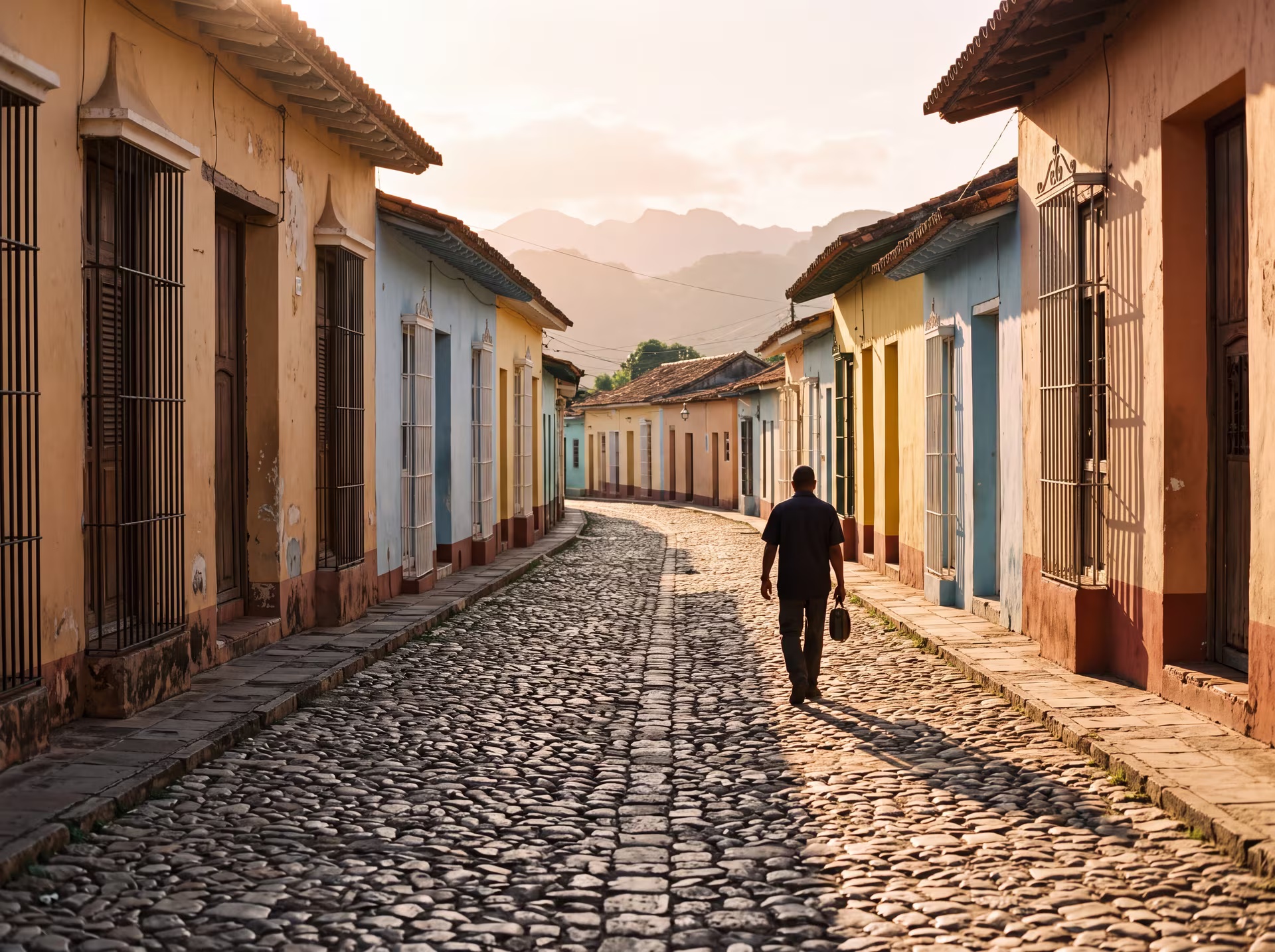 Cobblestone lane in Trinidad lined with pastel colonial houses in golden light