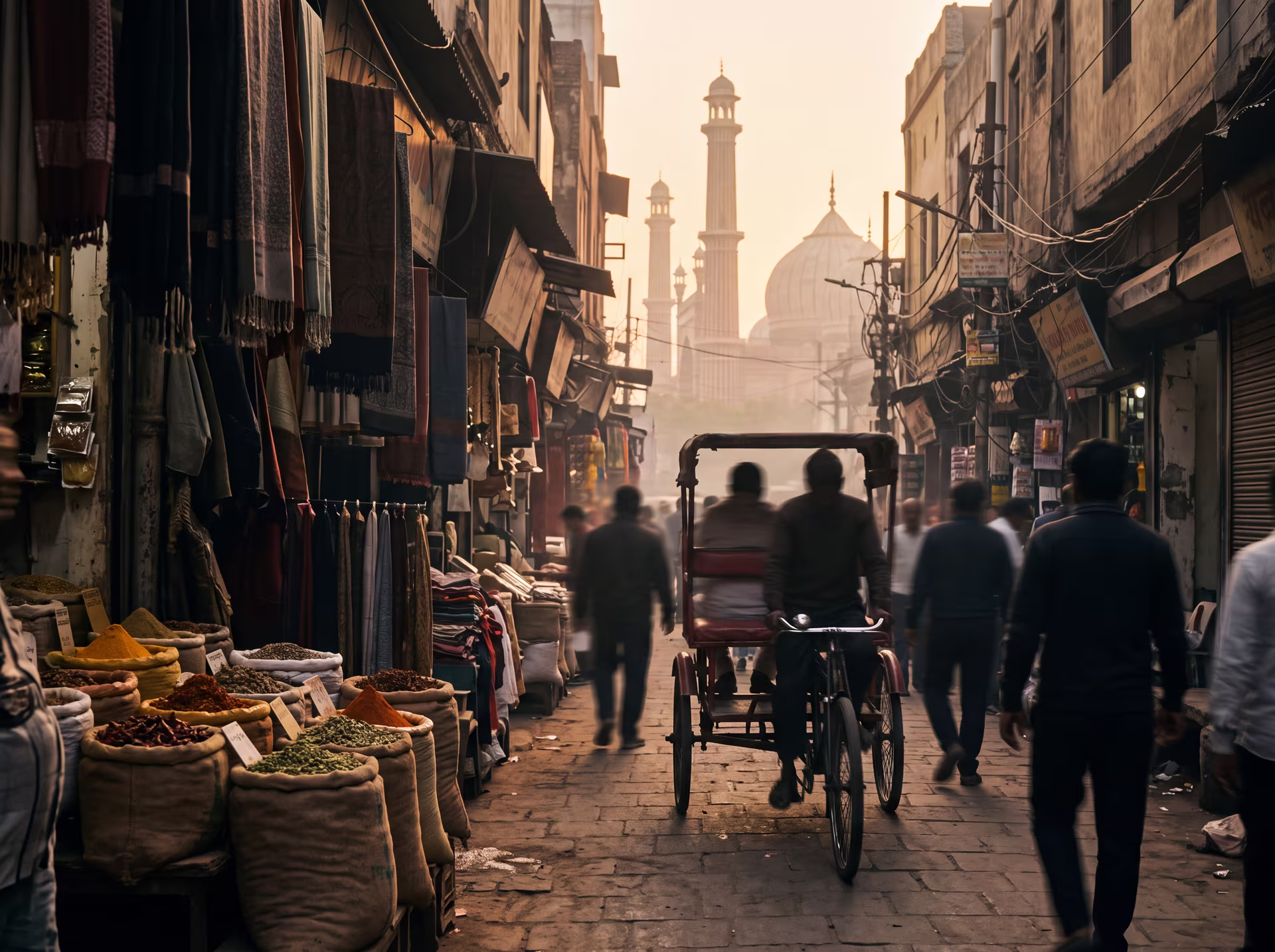 Busy lane in Old Delhi at daybreak, rickshaws and spice stalls in golden light