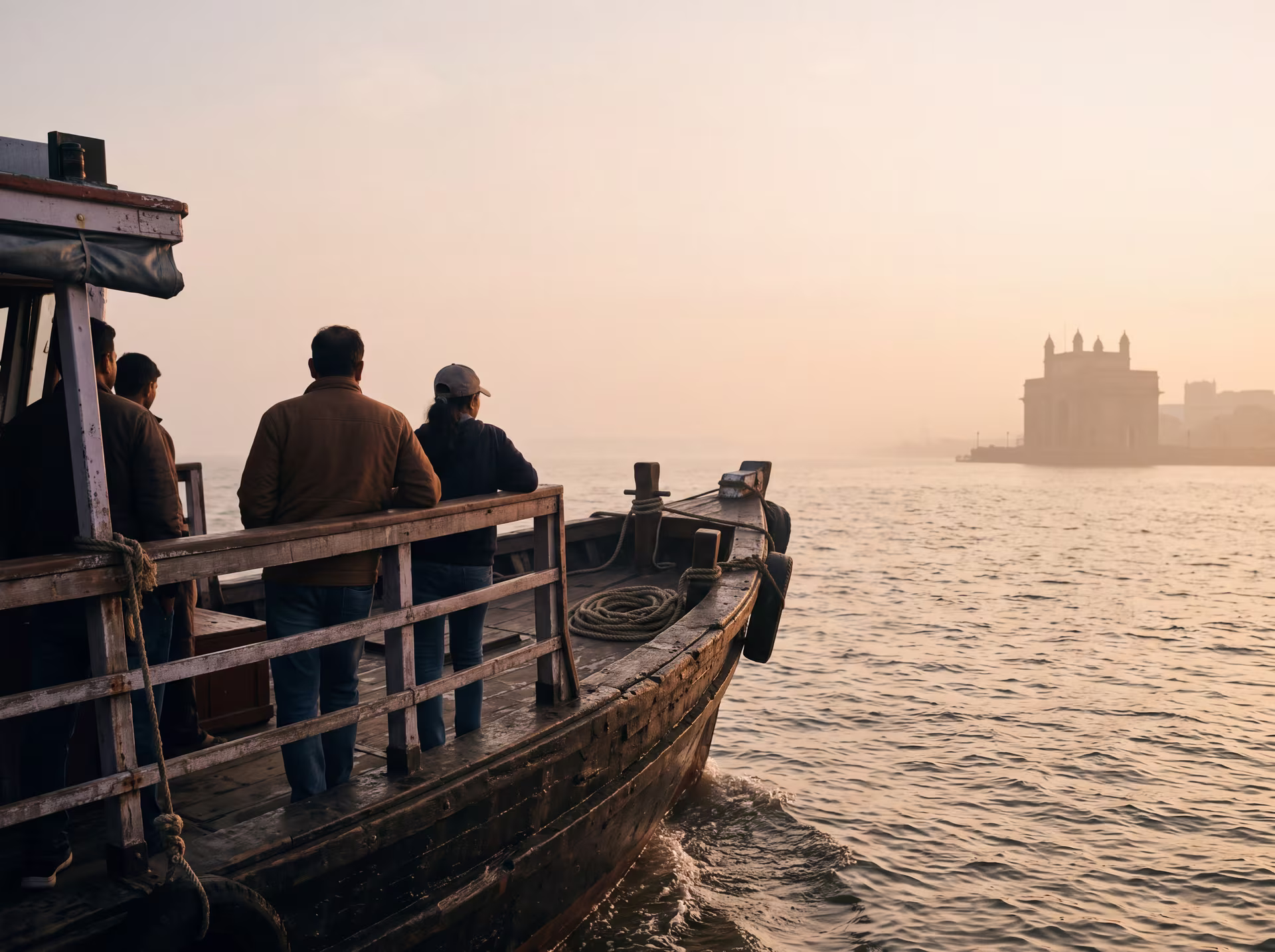 Wooden ferry approaching Elephanta Island in morning mist, the bay of Mumbai backlit