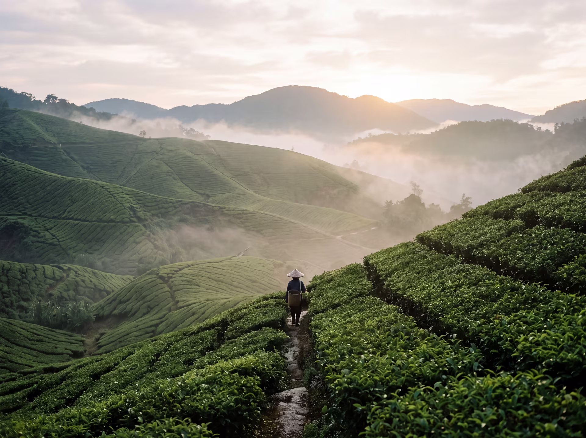 Collines de théiers des Cameron Highlands dans la brume du matin, en Malaisie