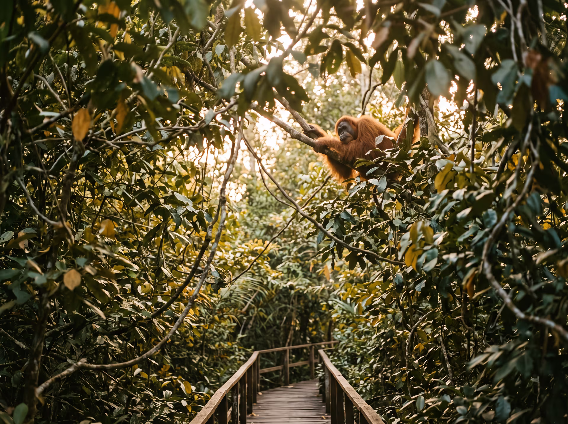 Orang-outan dans les arbres de l'île-sanctuaire de Bukit Merah, en Malaisie