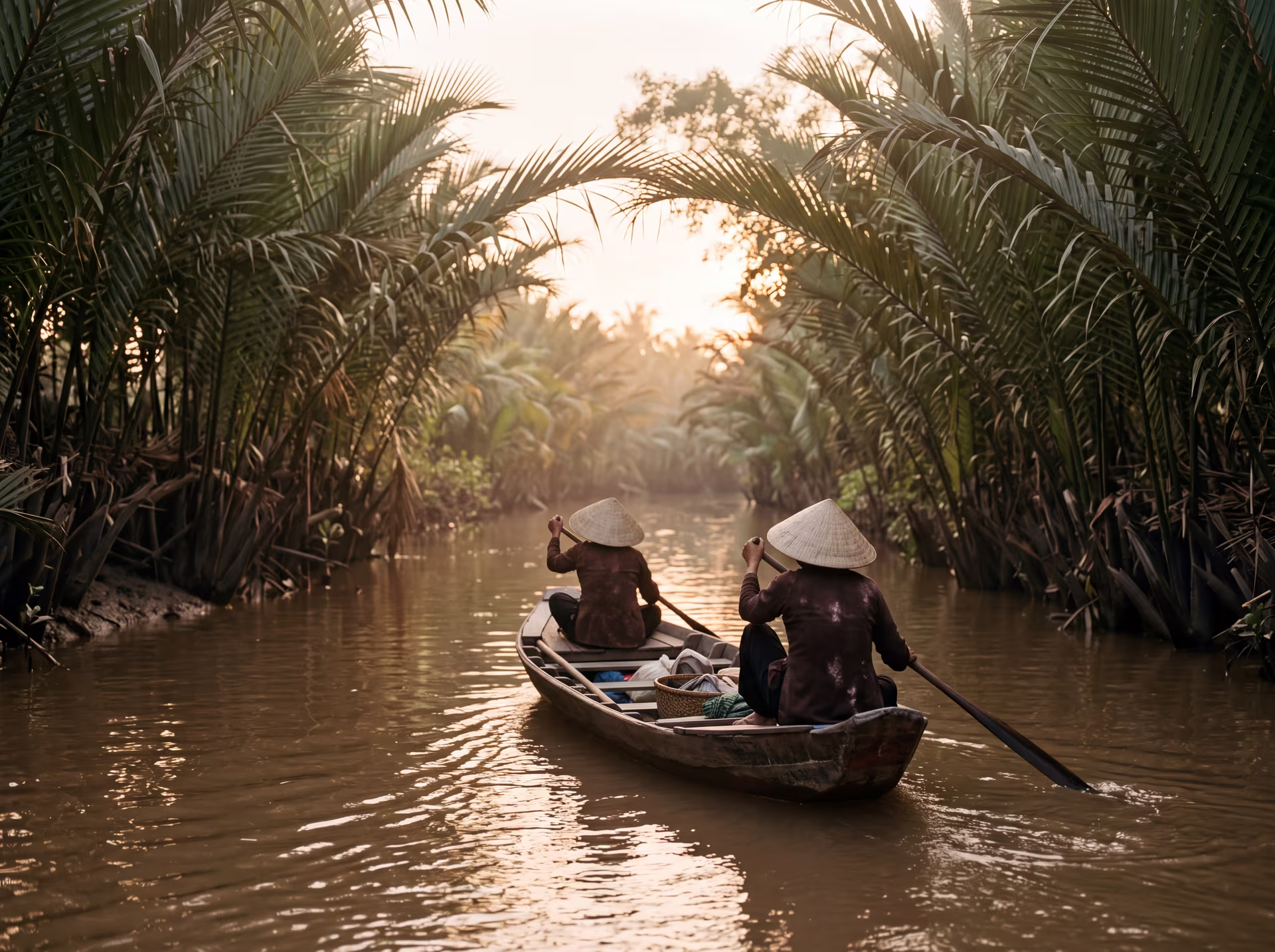 Ruderboot unter Wasserpalmen in einem Kanal des Mekongdeltas