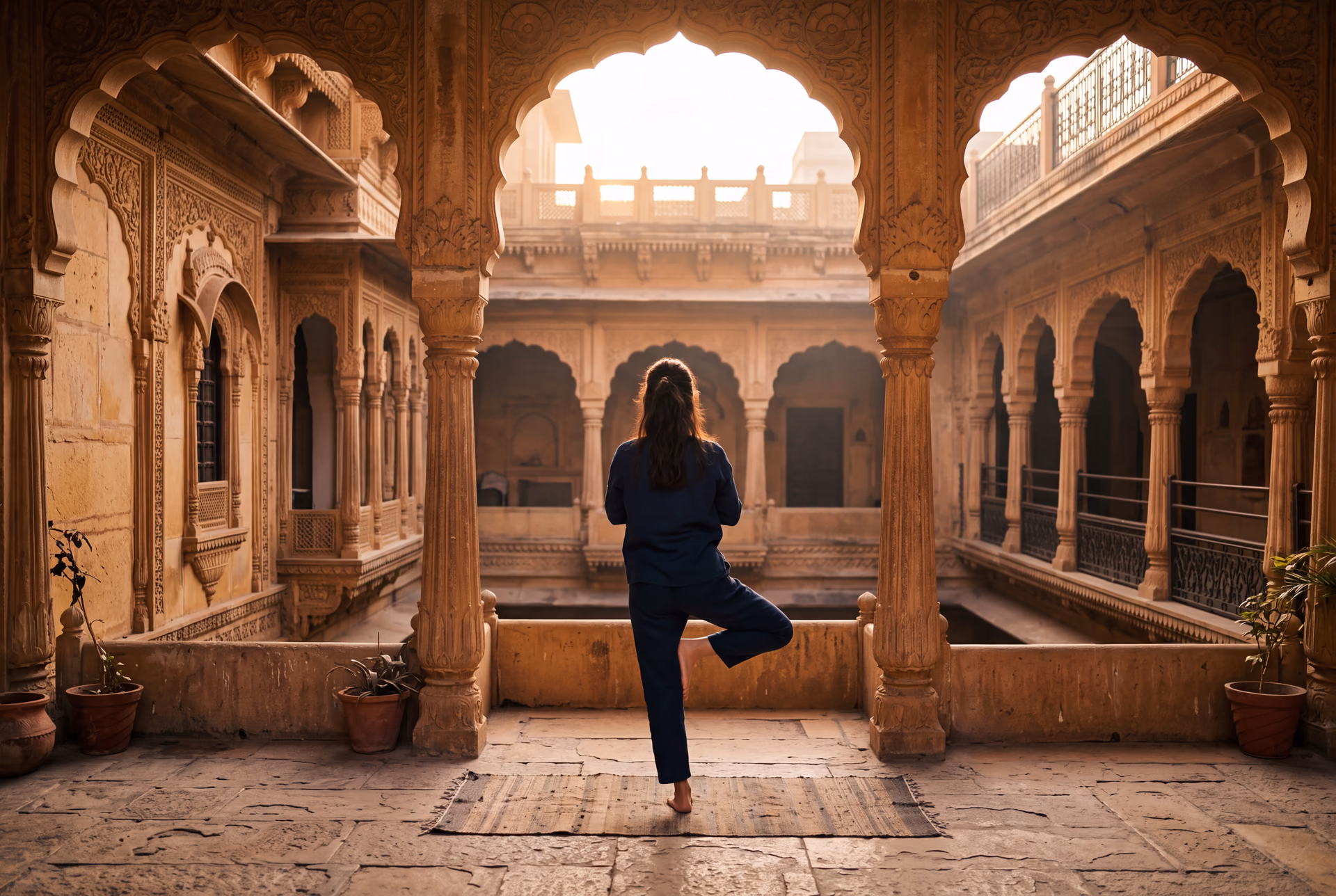 Cour d’un ancien haveli du Rajasthan à l’aube, une personne de dos pratiquant le yoga sous les arcades de grès