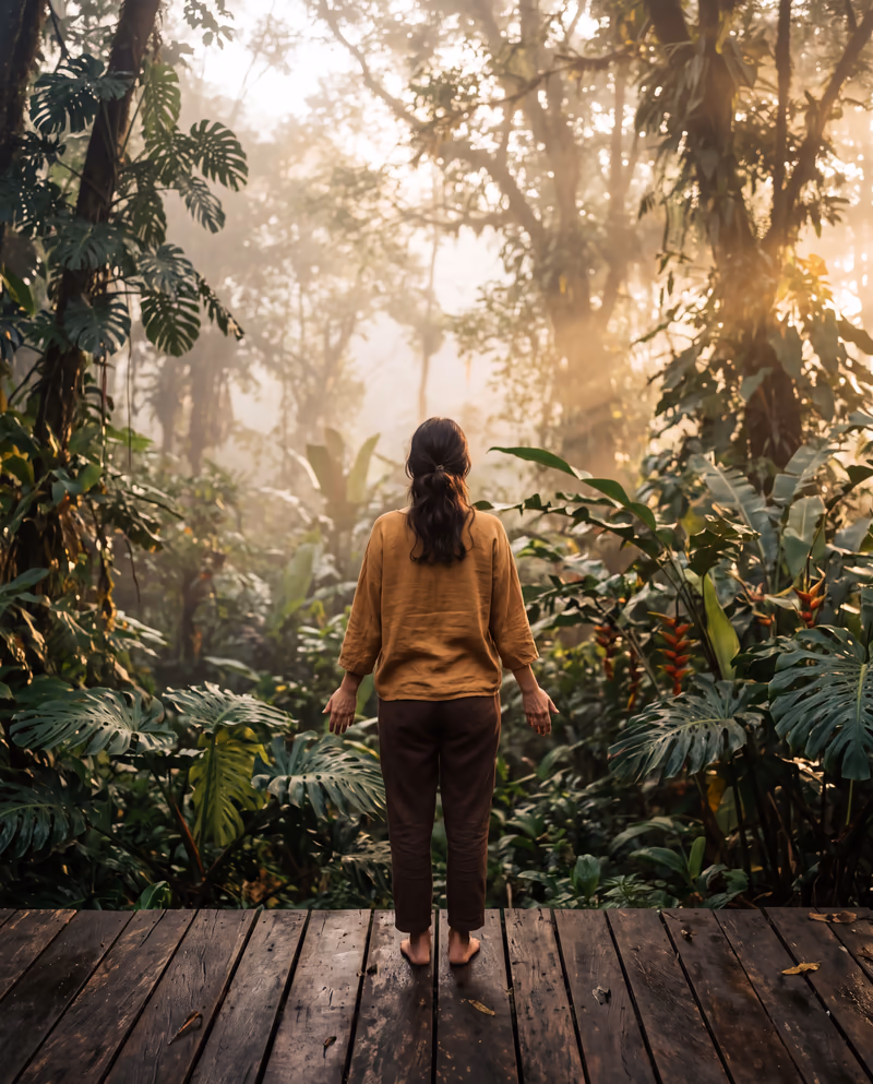 Séance de respiration matinale sur une terrasse de bois dans la jungle, une femme de dos dans la brume dorée