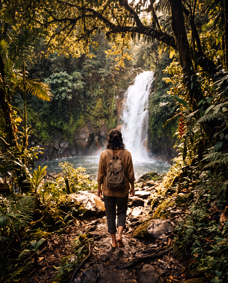 Personne de dos marchant pieds nus sur un sentier de jungle vers une cascade, lumière dorée