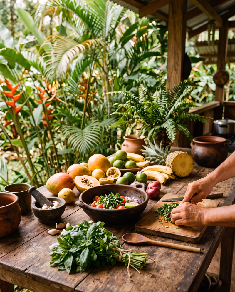 Fruits tropicaux, herbes et bol de terre cuite sur une table de bois dans une cuisine ouverte, des mains préparant le repas