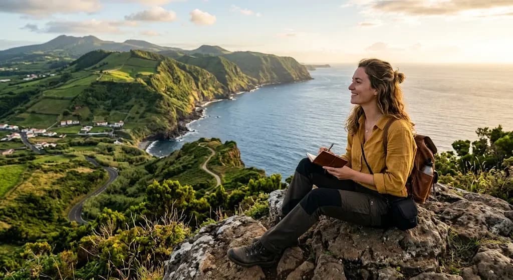 Voyageuse assise sur une falaise surplombant la côte au coucher du soleil, symbolisant la liberté et la sérénité du voyage au féminin