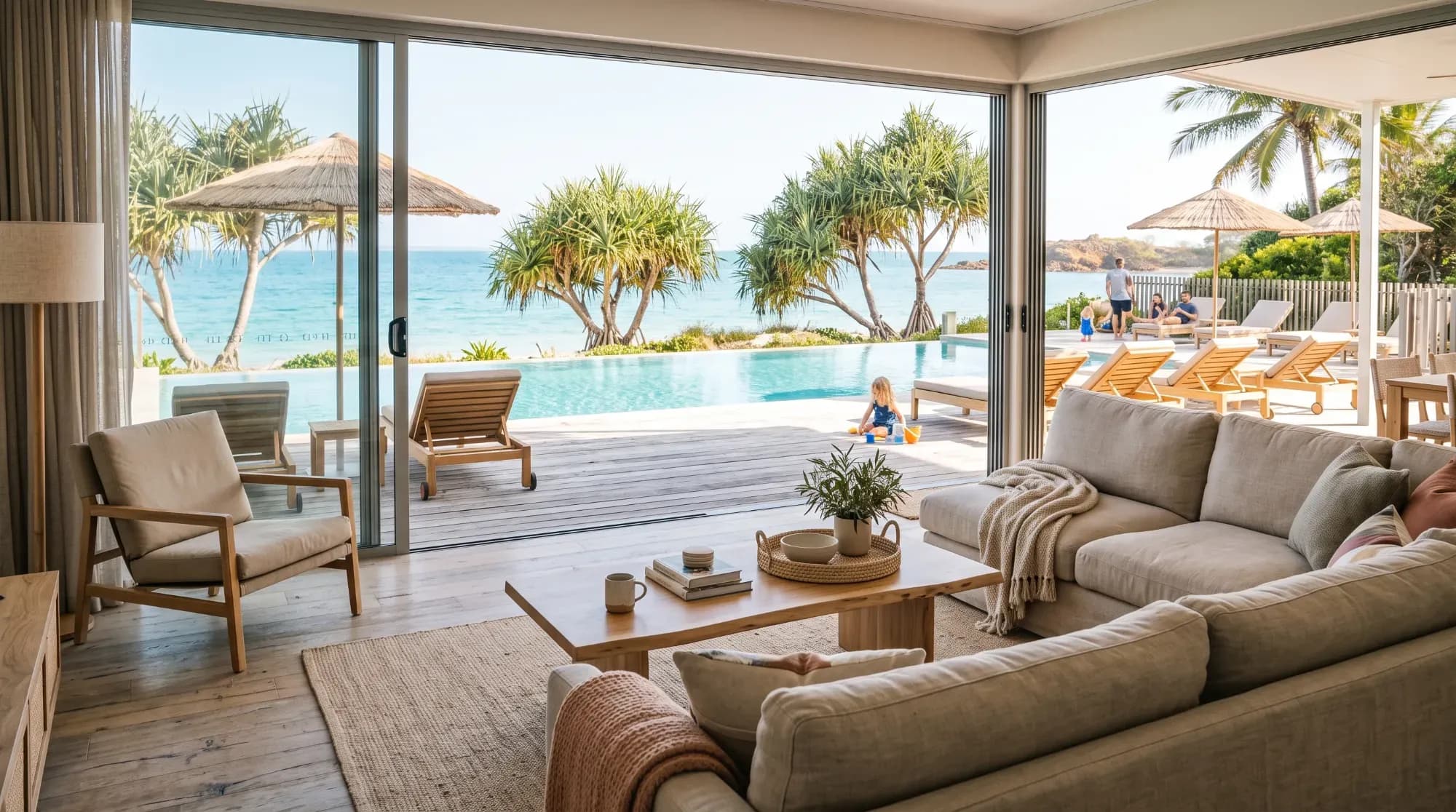 Hébergement familial spacieux avec piscine, illustrant un logement confortable et pratique pour voyager en famille