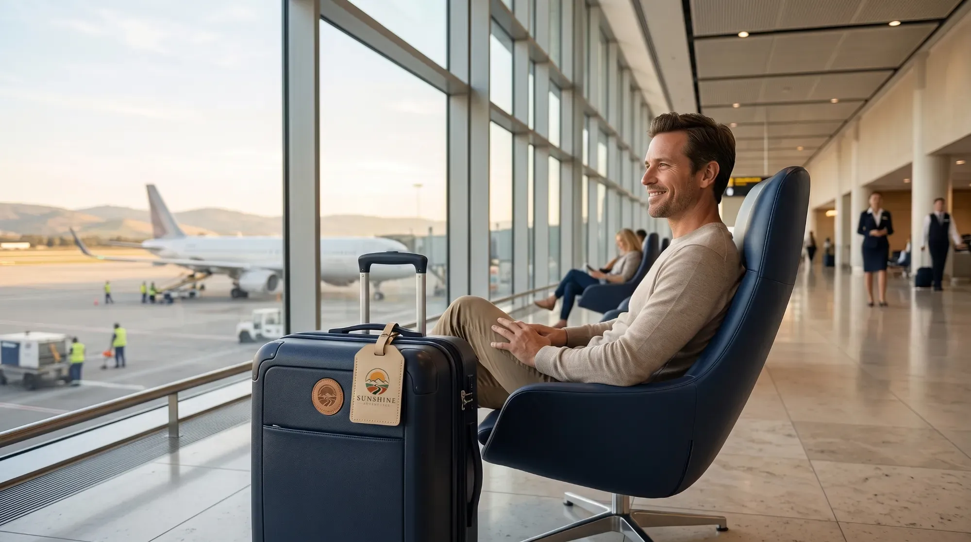 Voyageur détendu à l'aéroport, illustrant un départ l'esprit tranquille grâce à la conciergerie
